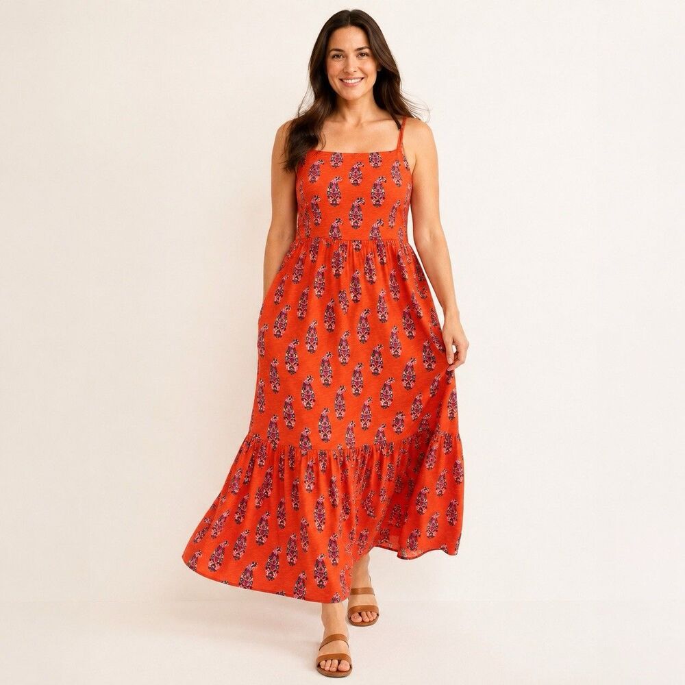 Boden Paisley Maxi Dress US 14 Red Sleeveless Tiered Pockets Cotton Blend NWT